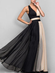 Two-color Sleeveless V-Neck Evening Dress