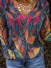 Long Sleeve Leaves V Neck Floral-Print tops Sweaters