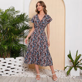 V Neck Chiffon Print Dress