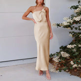 Elegant One-Shoulder Satin French Slim Ladies Midi Dresses