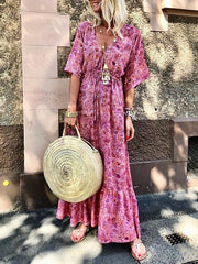 Stylish bohemia holiday floral chiffon v neck vacation dresses