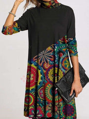Stylish Gored Retro print High collar Long sleeve Shift Dresses