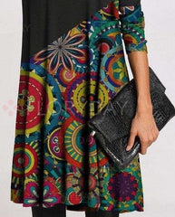 Stylish Gored Retro print High collar Long sleeve Shift Dresses