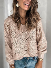 Hollowed-out knit round collar log sleeve sweaters