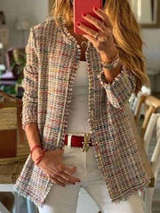 Fashion Wool Plaid Round neck Long sleeve Coats