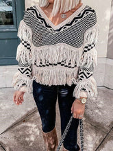 Stripe Gored Macrame V neck Long sleeve Knit Sweaters