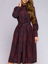 Stylish Print Lacing Round neck Long sleeve Belt Skater Dresses