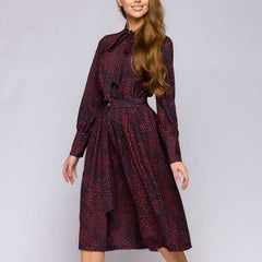 Stylish Print Lacing Round neck Long sleeve Belt Skater Dresses