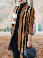 Fashion Stripe Stand collar Long sleeve Pockets Coat