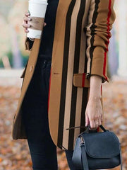 Fashion Stripe Stand collar Long sleeve Pockets Coat