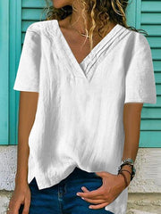 Large v-neck hem split cotton and linen multi-layer collar Loose T-shirts