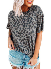 Leopard Print Round Neck Drop Shoulder Short Sleeve T-Shirts