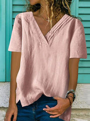 Large v-neck hem split cotton and linen multi-layer collar Loose T-shirts
