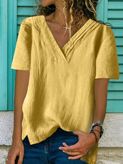 Large v-neck hem split cotton and linen multi-layer collar Loose T-shirts