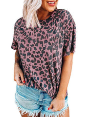 Leopard Print Round Neck Drop Shoulder Short Sleeve T-Shirts