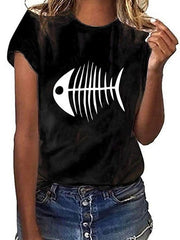 Fishbone print short-sleeved round neck T-shirts tops