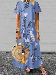 Floral women printed short sleev round neck maxi dresses