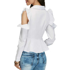 Stylish Pure Falbala Off shoulder Falbala Lapel Long sleeve Blouses