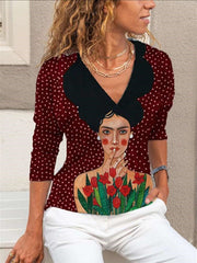 Stylish Portrait print Lapel Long sleeve Blouses