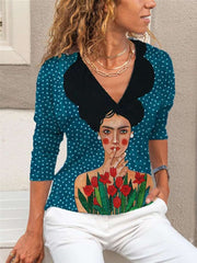 Stylish Portrait print Lapel Long sleeve Blouses