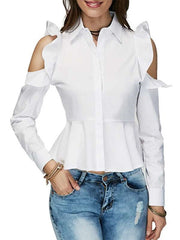 Stylish Pure Falbala Off shoulder Falbala Lapel Long sleeve Blouses