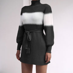 Long-sleeved casual color-blocking half-high neck knitted sweater dresses