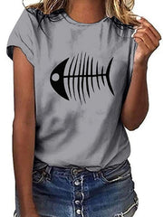 Fishbone print short-sleeved round neck T-shirts tops