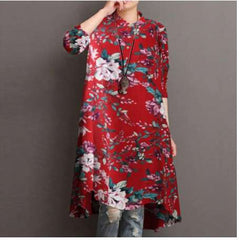 Stylish Floral print Lapel Long sleeve Shirt Shift Dresses