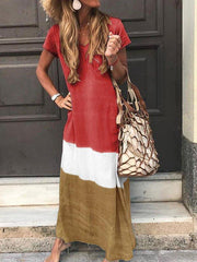 Loose contrast patchwork short sleeve printed v-neck dresses