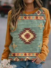 Stylish Casual Gored Round neck Long sleeve Geometry print T-Shirts