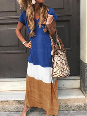 Loose contrast patchwork short sleeve printed v-neck dresses