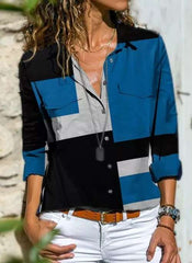 Stylish Gored Retro print Lapel Long sleeve Blouses