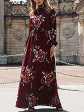 Stylish Floral print High collar Long sleeve Skater Maxi Dresses
