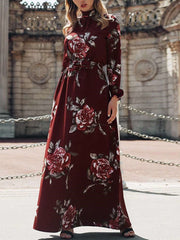 Stylish Floral print High collar Long sleeve Skater Maxi Dresses