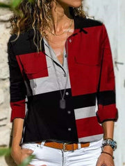Stylish Gored Retro print Lapel Long sleeve Blouses