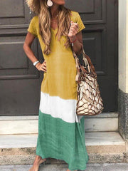 Loose contrast patchwork short sleeve printed v-neck dresses