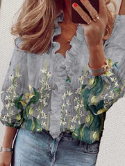 Stylish Floral print Stringy selvedge V neck Long sleeve Blouses