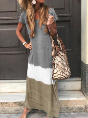 Loose contrast patchwork short sleeve printed v-neck dresses