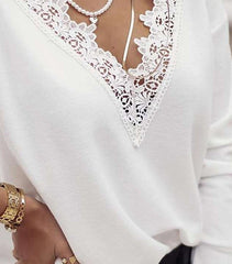 Stylish Pure Lace Gored V neck Long sleeve T-Shirts