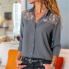 Stylish pure Lace gored Lapel Long sleeve Blouses