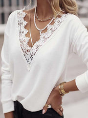 Stylish Pure Lace Gored V neck Long sleeve T-Shirts
