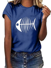 Fishbone print short-sleeved round neck T-shirts tops