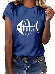 Fishbone print short-sleeved round neck T-shirts tops