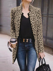 Fashion stand up collar long sleeve leopard print suit outerwear coat