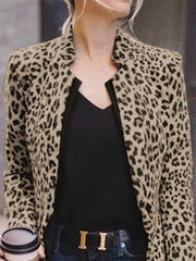 Fashion stand up collar long sleeve leopard print suit outerwear coat
