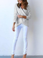 Surplice Curved Hem Long Sleeve Sweater
