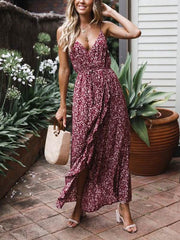 Floral Printed Strap Sleeveless V neck Women Maxi Dresses