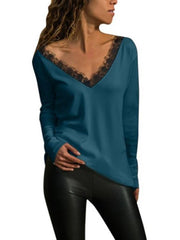 Lace Patchwork Deep V Neck Long Sleeve T-Shirts