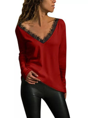 Lace Patchwork Deep V Neck Long Sleeve T-Shirts