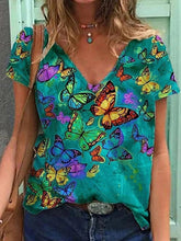 Stylish top women v neck butterfly printed short sleeve T-shirts
